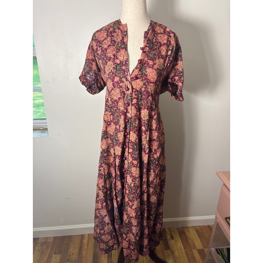 Vintage Leslie Fay Floral Button Front Midi Dress Burgundy Rayon Shoulder Pad 12